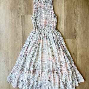 Rebecca Taylor 100% Silk Floral Midi Dress Smocked Elastic Bodice Size 0 XS